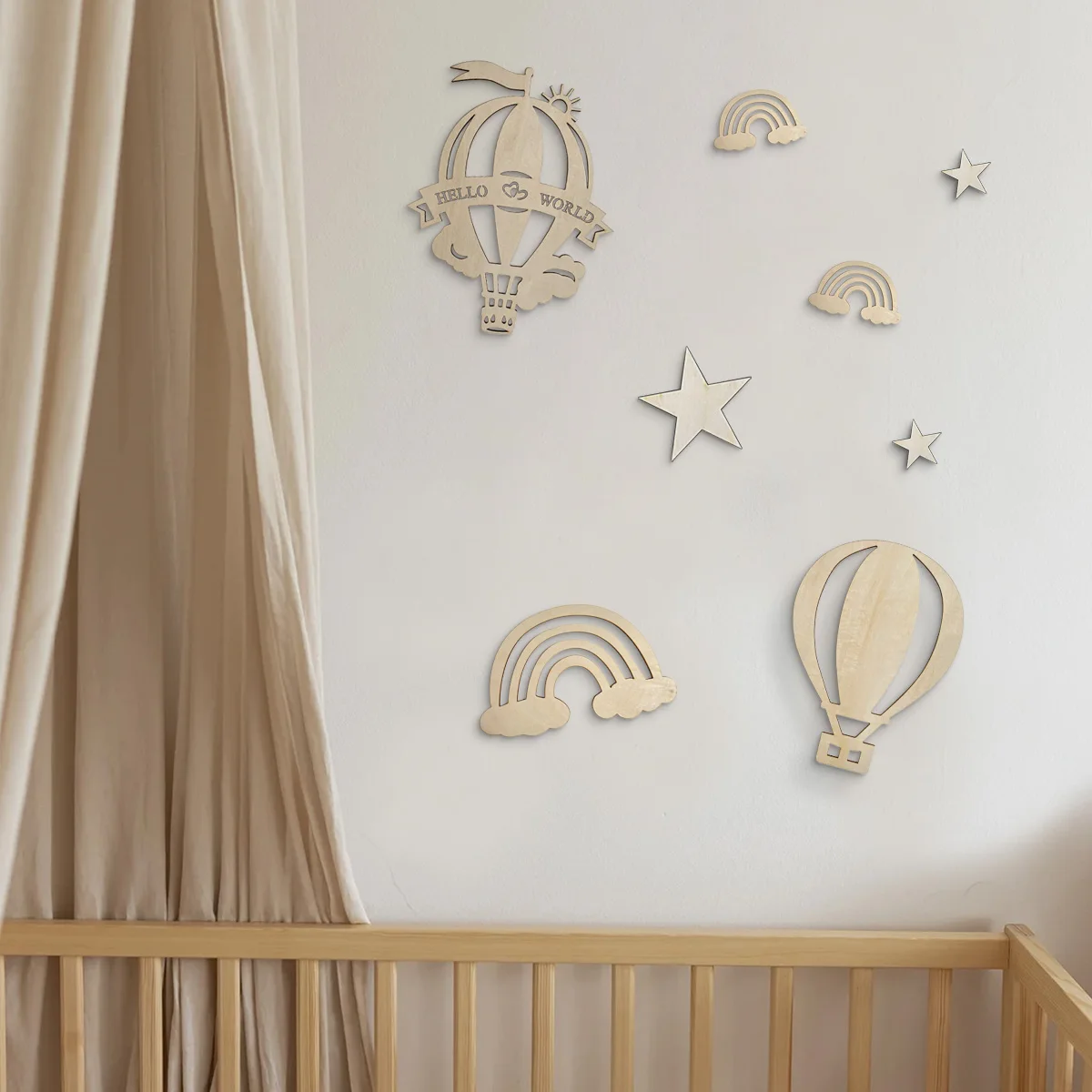 8 unids/set de globos de aire caliente de madera, nubes, estrellas, decoración de habitación de niños, decoración de jardín de infantes, decoración de pared creativa
