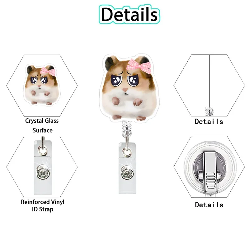Lindo divertido hámster acrílico insignia carrete retráctil Clip de cocodrilo titular de la tarjeta de identificación para enfermera Doctor trabajador de oficina maestro estudiante - imagen 3