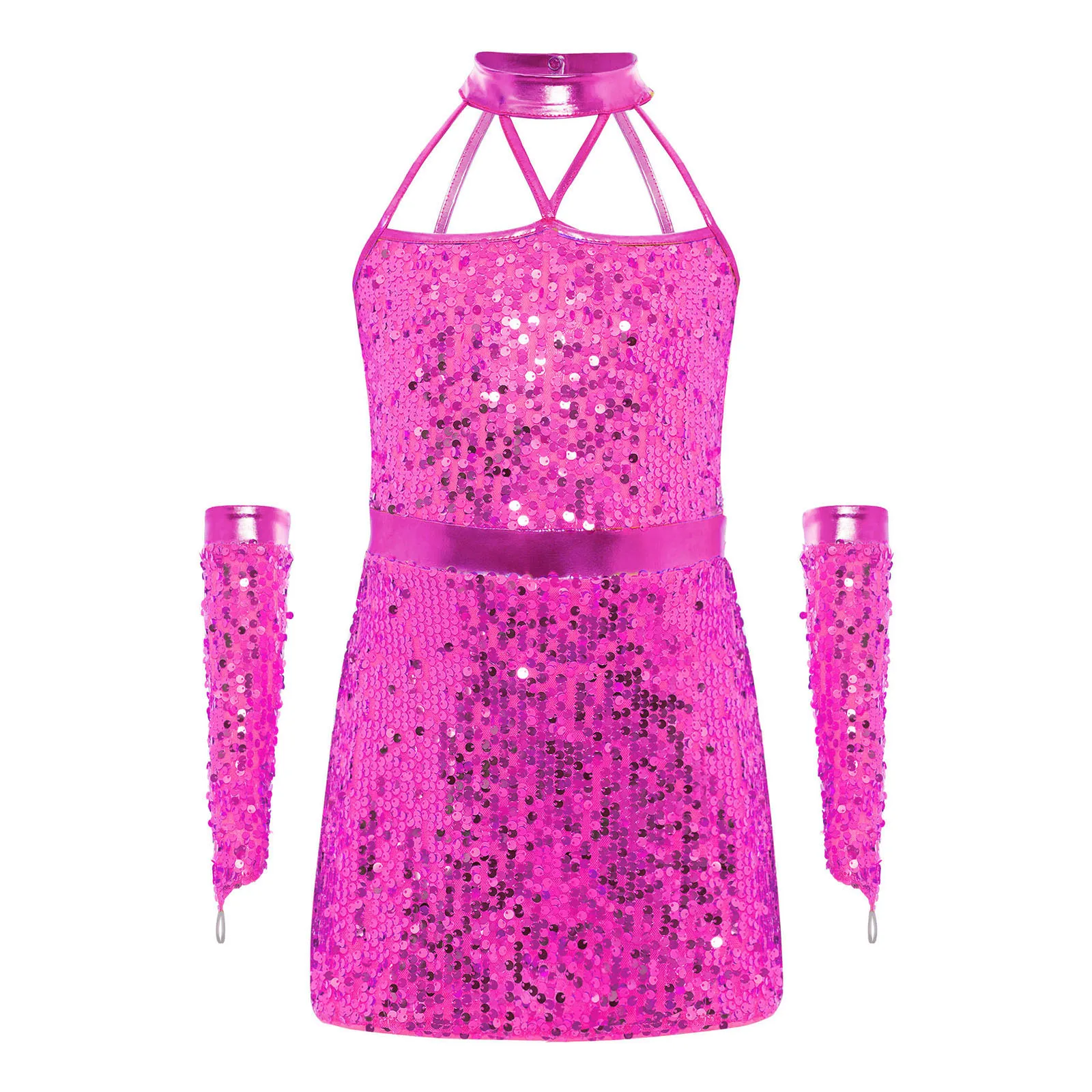 Vestido de baile latinoamericano para niña con lentejuelas y guantes