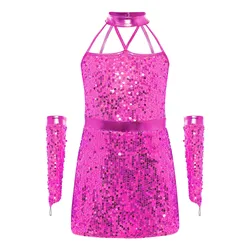 Vestido de baile latinoamericano para niña con lentejuelas y guantes
