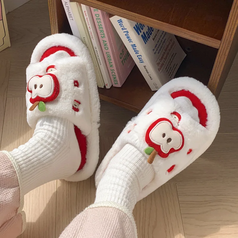 Nuevas zapatillas bonitas de algodón con dibujos de manzana para mujer, zapatos de casa para otoño e invierno, chanclas mullidas de interior antideslizantes de piel sintética cálidas para niñas - imagen 5