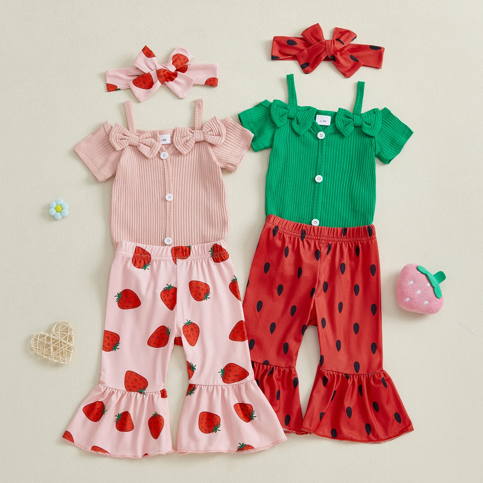Conjunto verano niña pelele con lazo, pantalones acampanados y diadema - imagen 2
