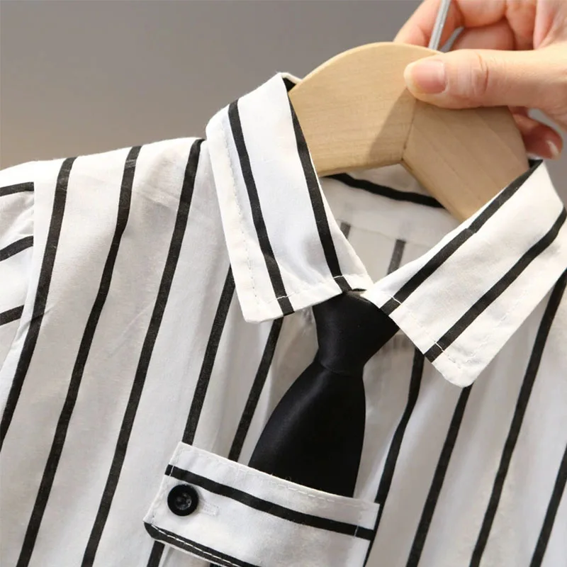 Conjuntos de verano para niños, traje coreano a la moda con lazo a rayas, Tops de algodón de manga corta para bebés y pantalones cortos, ropa de Boutique para niños, ropa para niños pequeños B013 - imagen 3