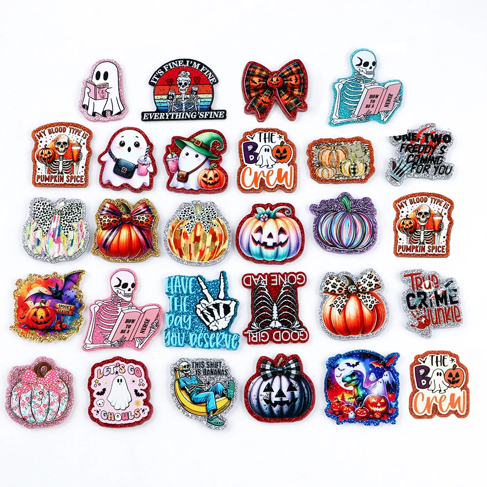 3-5 unids/lote de cuentas acrílicas de estilo navideño/Halloween con parte posterior plana para joyería DIY, pendiente, etiqueta para el pecho, hebilla, Etc., accesorios