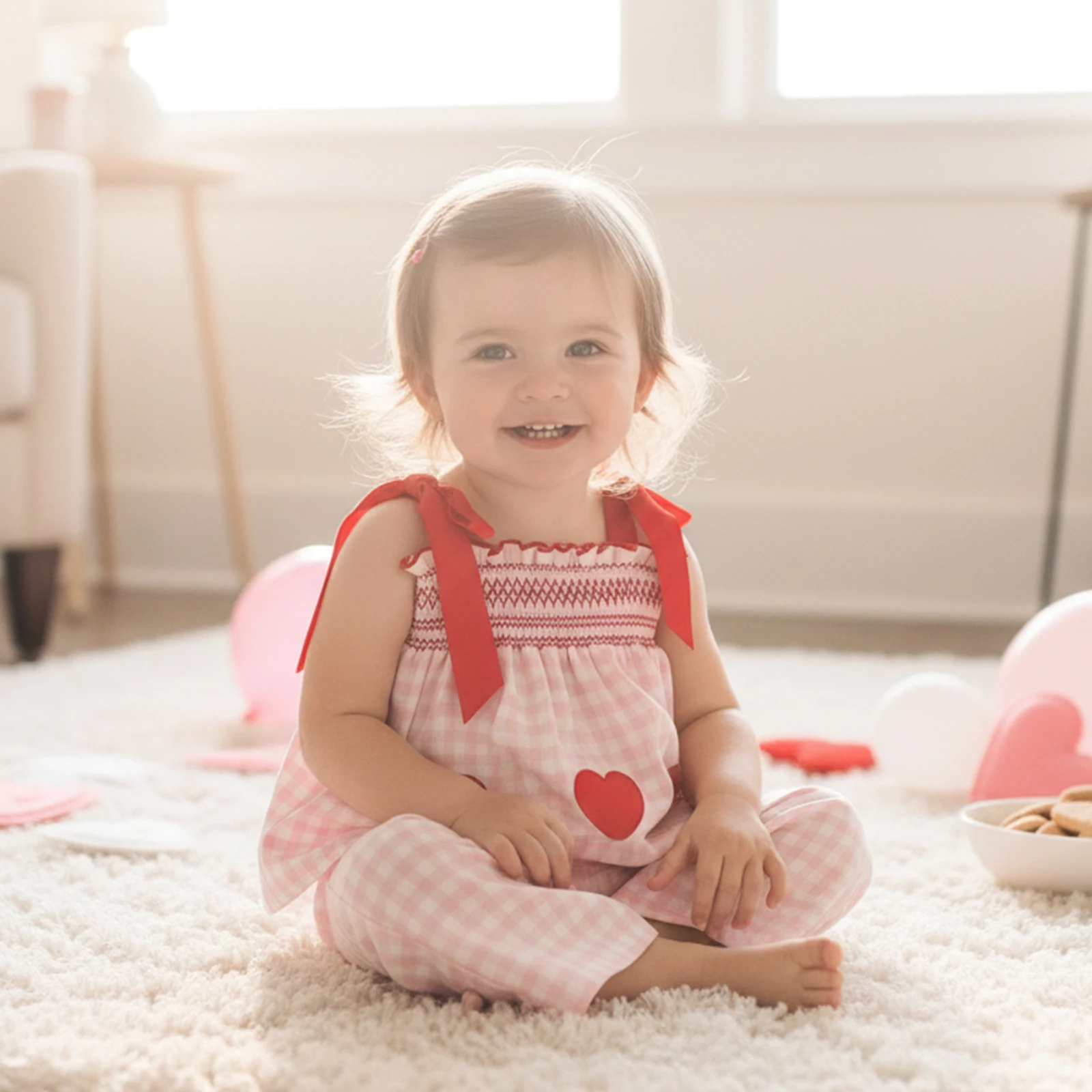 Conjunto de 2 piezas de tops y pantalones con hombros descubiertos y parche de corazón de amor a cuadros para niña pequeña - imagen 2