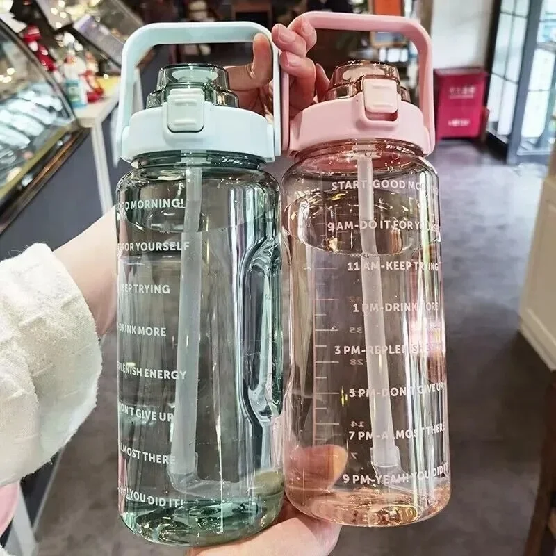Hervidor de plástico de 2 litros, botella de agua portátil grande para viaje con pajita, taza deportiva para Fitness, taza grande y gruesa de alto valor, Universal para adultos - imagen 5