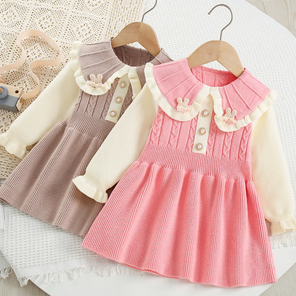 2025 otoño nuevo vestido para niñas vestido con cuello Peter Pan para niñas vestido de punto de línea Linda prendas de punto para niñas