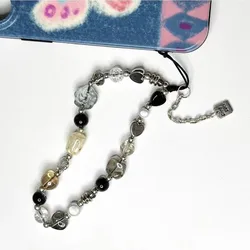 Cadena de teléfono con flor 3D Y2K negra, colgante moderno para iPhone, Samsung, accesorios universales, cuerda colgante para teléfono, joyería para niña