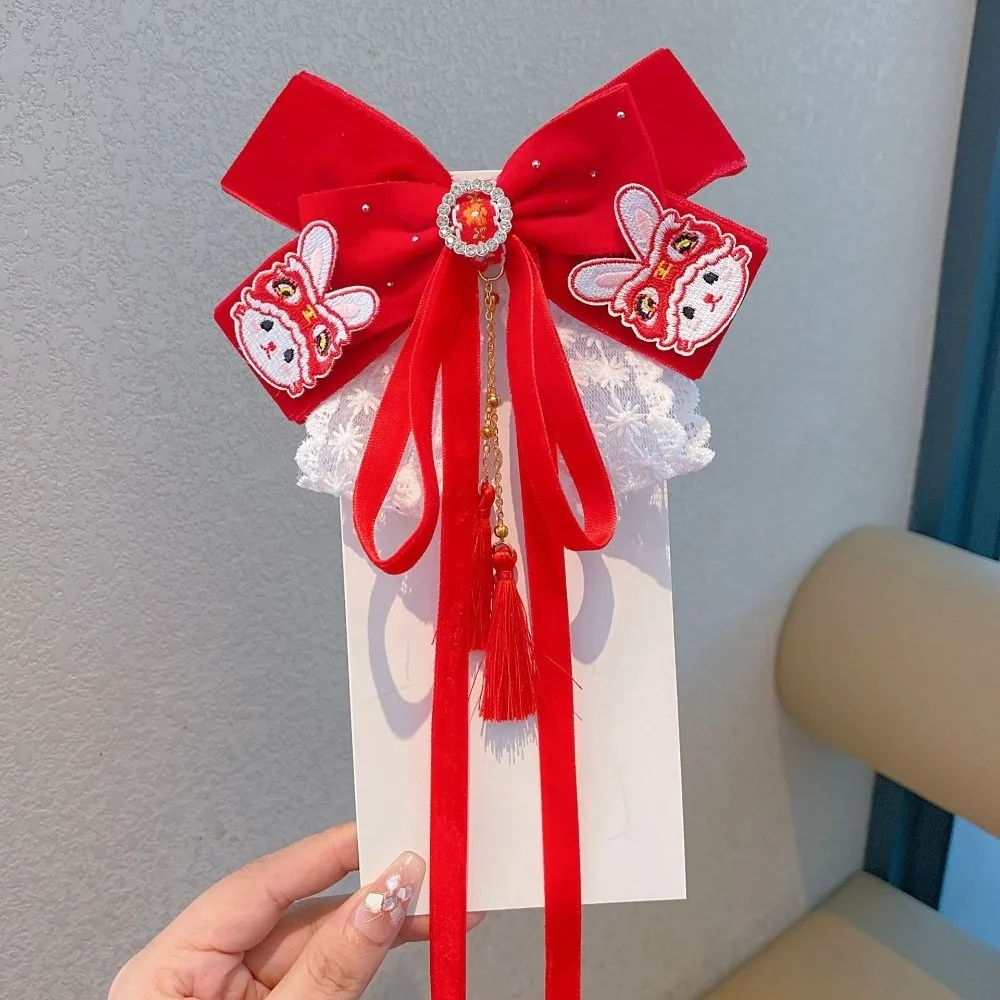 Pasador de Pelo con Lazo Rojo Festivo, Cinta con Borla, Pasador de Pelo de Año Nuevo, Estilo Chienes, Pompón, Adorno para el Cabello Hanfu, Festivo - imagen 4