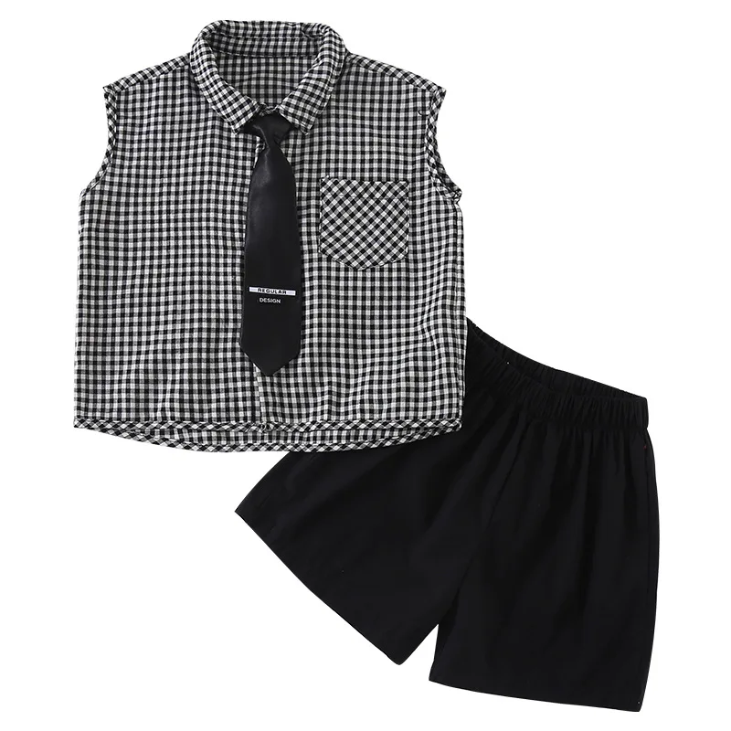 Conjuntos a cuadros de estilo coreano para hermano y hermana, conjuntos de camisas y pantalones cortos para niños, vestido con tirantes para niñas, ropa para niños - imagen 5