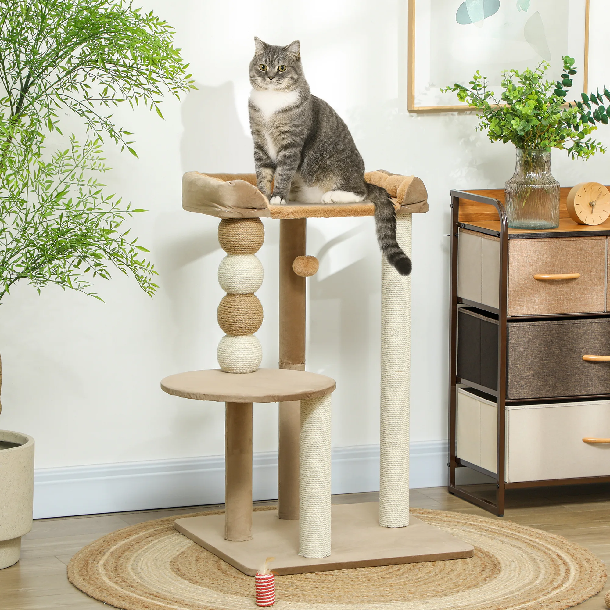 PawHut Árbol Rascador para Gatos, Árbol para Gatos 86 cm, Torre Escalador con Cama, Plataforma de Salto, Postes de Yute y Bolas de Juguete, Marrón y Beige - imagen 2