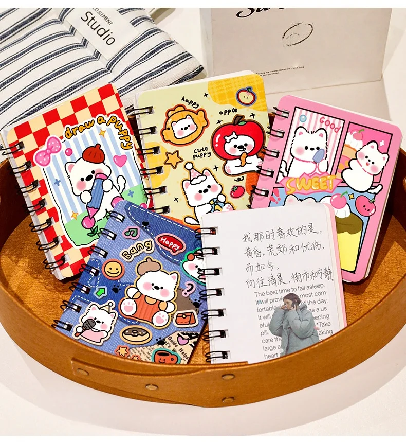 Cuaderno en espiral A7, Bloc de notas en blanco con bonito cachorro para estudiantes, libro de notas para diario, cuaderno planificador, diario de bolsillo portátil
