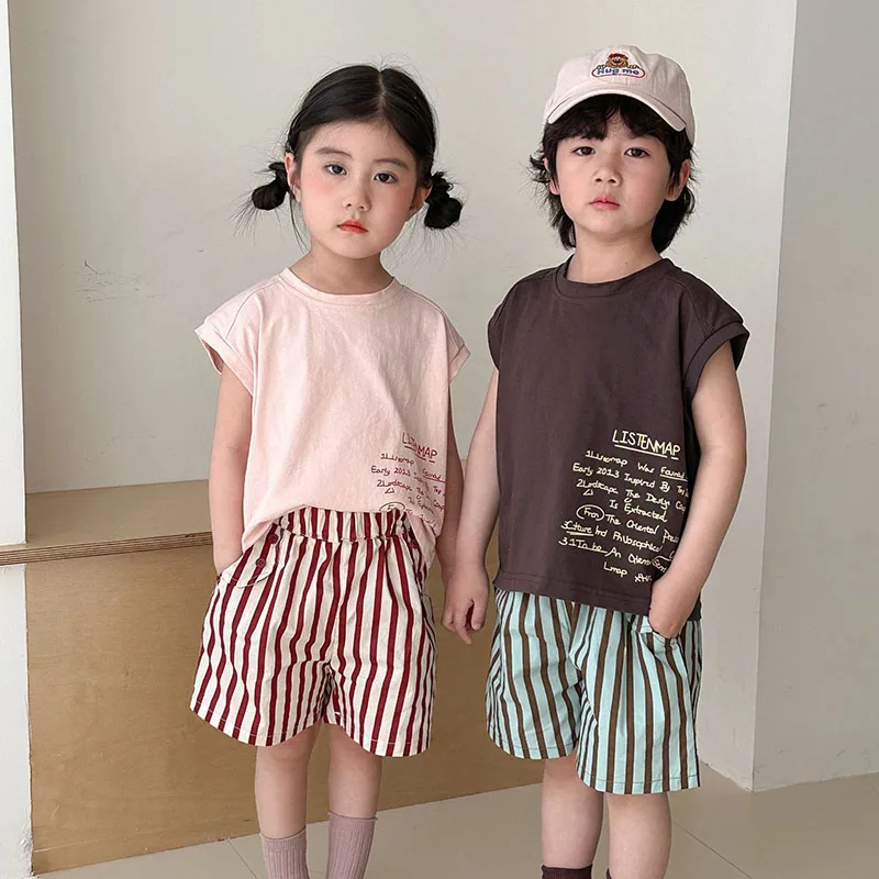 MILANCEL, nuevo conjunto de ropa de verano para niños, chaleco con letras y pantalones cortos a rayas, traje para niños, disfraz de hermano y hermana