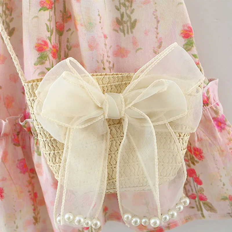 Vestidos de niña de flores de verano de 2 piezas, moda coreana, bonito vestido de princesa sin mangas para niños pequeños + bolso con lazo, ropa de Boutique para niños B113 - imagen 5