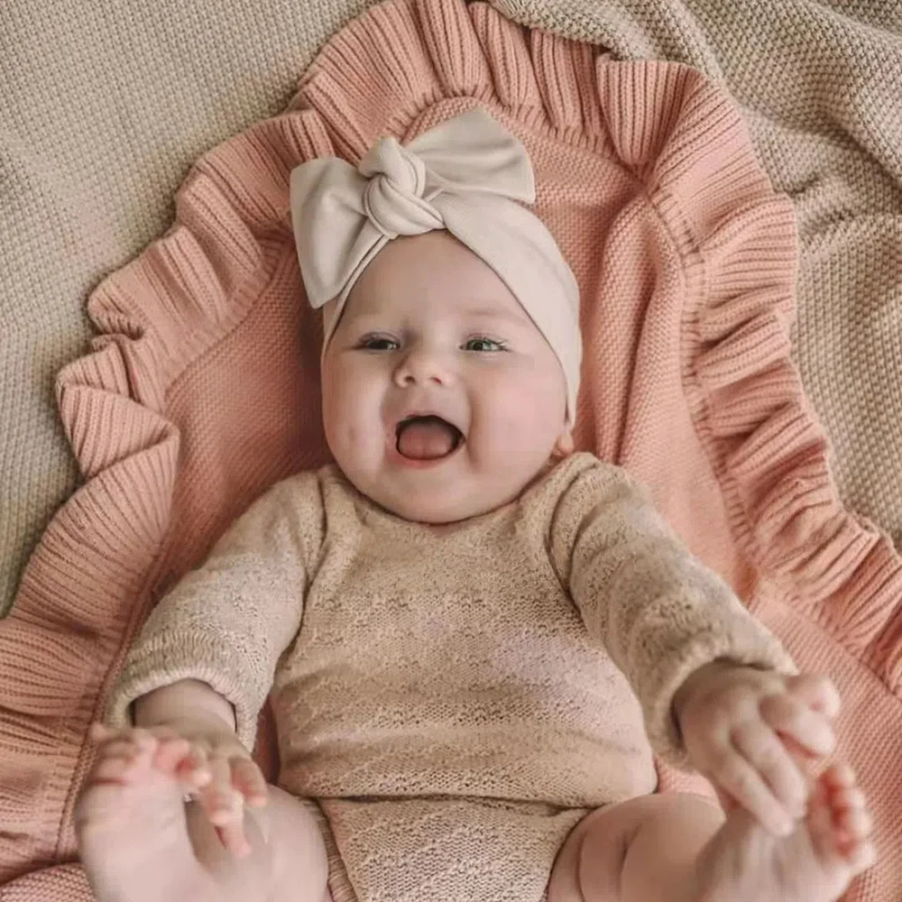 Manta tejida con borde de hoja de loto para bebé, accesorio para fotografía, carrito de bebé, cubierta de algodón, manta para sujetar la cama de los niños, 75x95cm - imagen 5