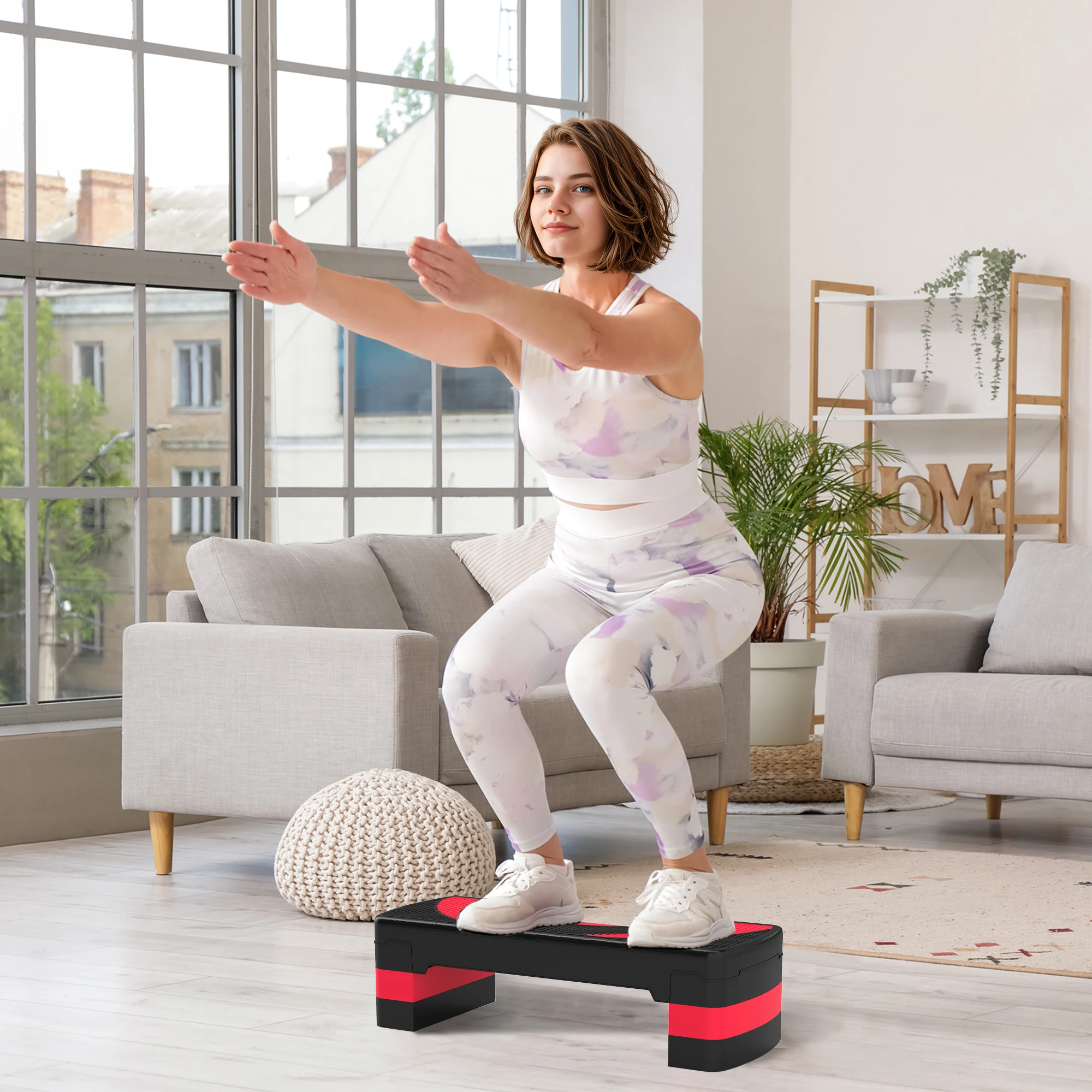 HOMCOM Step de Aeróbic, Step para Fitness Antideslizante con Altura Regulable 3 Niveles de 10/15/20 cm, Tabla Plataforma Stepper para Ejercicio en Casa Gimnasia, Carga 150 kg 80x31x20 cm, Rojo
