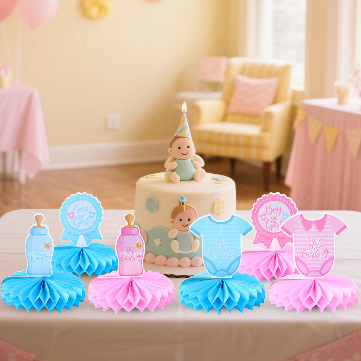 9 Uds. De decoraciones de mesa para revelar género de bebé, azul y rosa, centros de mesa de panal para revelar género de bebé, suministros para fiestas - imagen 4