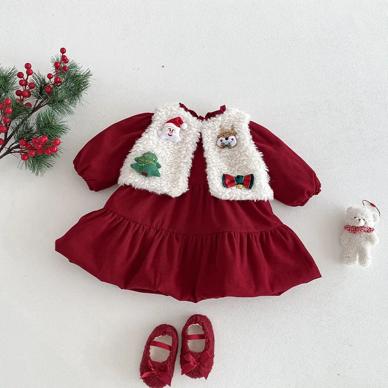 Christmas Girls Dress Thicken Lining Red Dress For Girls Ruffle Thicken Fleece Dresses Kids Party Clothes - imagen 3