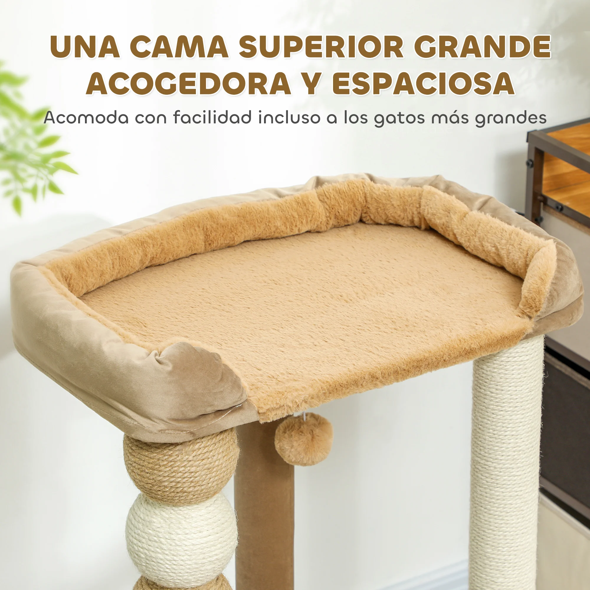 PawHut Árbol Rascador para Gatos, Árbol para Gatos 86 cm, Torre Escalador con Cama, Plataforma de Salto, Postes de Yute y Bolas de Juguete, Marrón y Beige - imagen 4