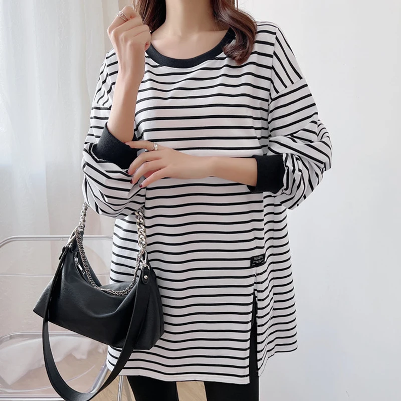 Jersey a rayas de manga larga de talla grande, camisetas holgadas con cuello redondo para amamantar, ropa de maternidad abierta cruzada para otoño - imagen 4