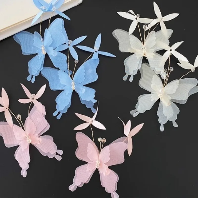 2 unids/set de Clip de pelo de mariposa de malla, flequillo lateral, Clip de pico de pato, sombreros para niñas, horquilla coreana rosa, azul y blanca, accesorio para el cabello para niños - imagen 5