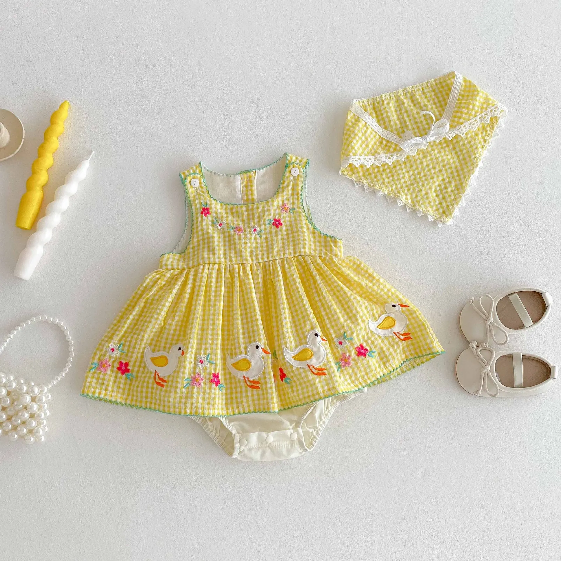 Traje de verano para niña, Adorable mono sin mangas a cuadros amarillos con patrones de pato, mono infantil, ropa cómoda súper bonita - imagen 3