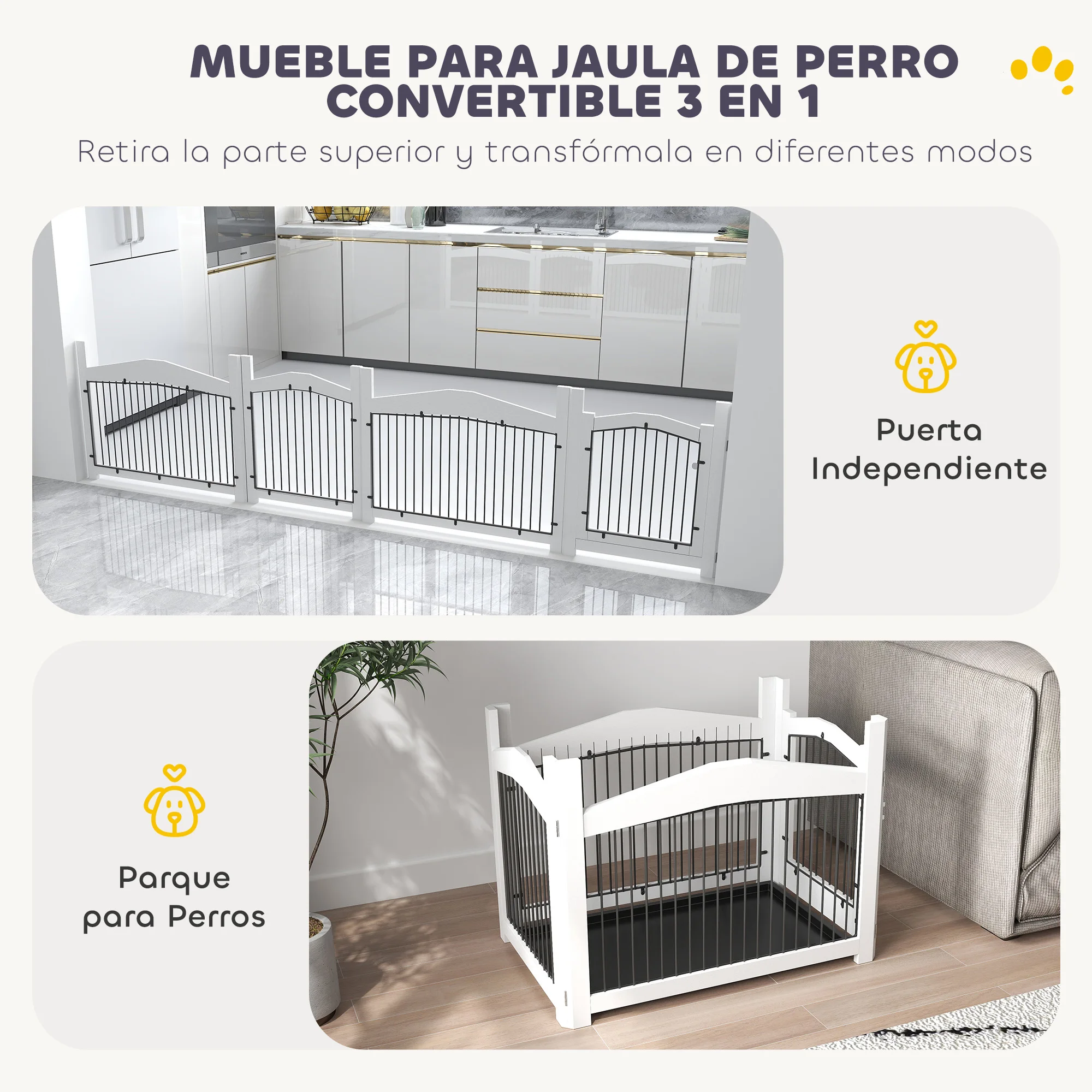 PawHut Jaula para Perros Medianos 3 en 1 Mesa Auxiliar Barrera para Perros con Puerta con Pestillo Tapa Superior Desmontable y Bandeja Extraíble 82,5x57,5x59,5 cm Blanco - imagen 4
