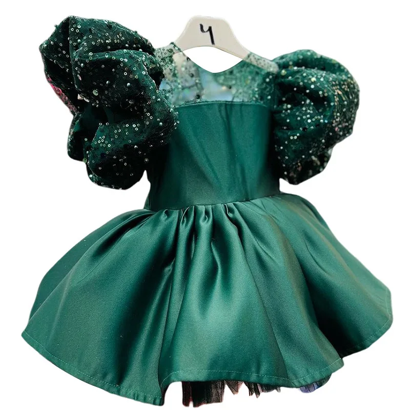 Vestido de princesa con lentejuelas de Color liso para niñas, tutú con mangas de burbuja para fiesta de 1er cumpleaños y actuación, vestido naranja para niña - imagen 5