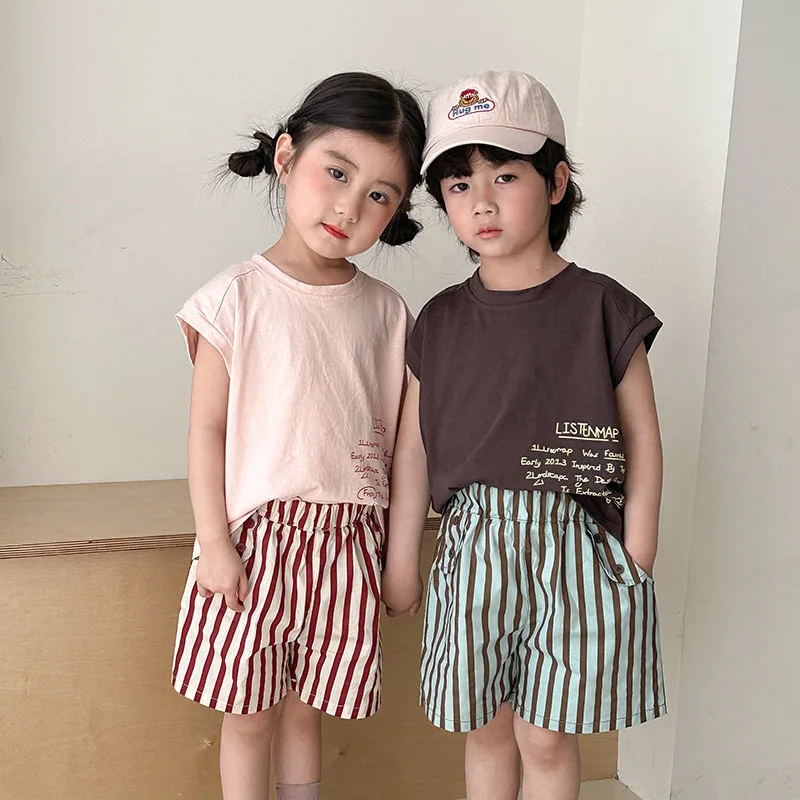 MILANCEL, nuevo conjunto de ropa de verano para niños, chaleco con letras y pantalones cortos a rayas, traje para niños, disfraz de hermano y hermana - imagen 3
