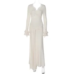Vestido de maternidad con encaje blanco – Escote V y manga larga