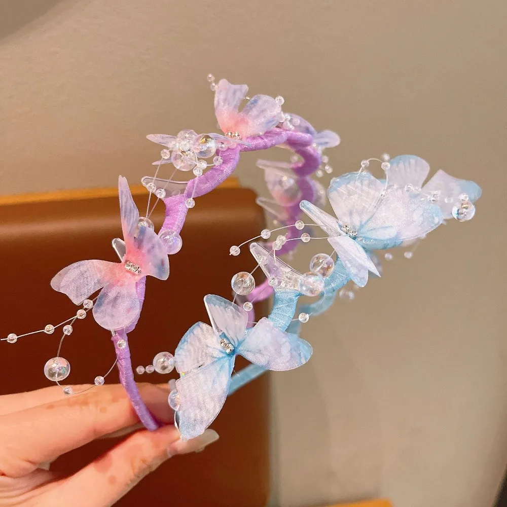 Aros para el cabello con perlas y mariposas de hadas brillantes, diadema de princesa para niños, diadema antideslizante ondulada, sombreros para niñas, accesorios para el cabello para niños - imagen 3