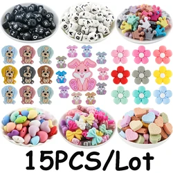 15 Uds. De cuentas focales de silicona con forma de Animal/letras/cuentas redondas/flor para fabricación de joyería DIY, pulsera, collar, llavero, accesorios hechos a mano