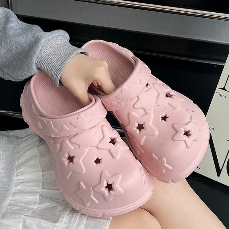 Zuecos de moda para mujer, zapatillas de plataforma de verano, bonitos zapatos de jardín para el hogar con estilo de estrella, sandalias de calle deslizantes de playa para el hogar con suela gruesa para niñas - imagen 4