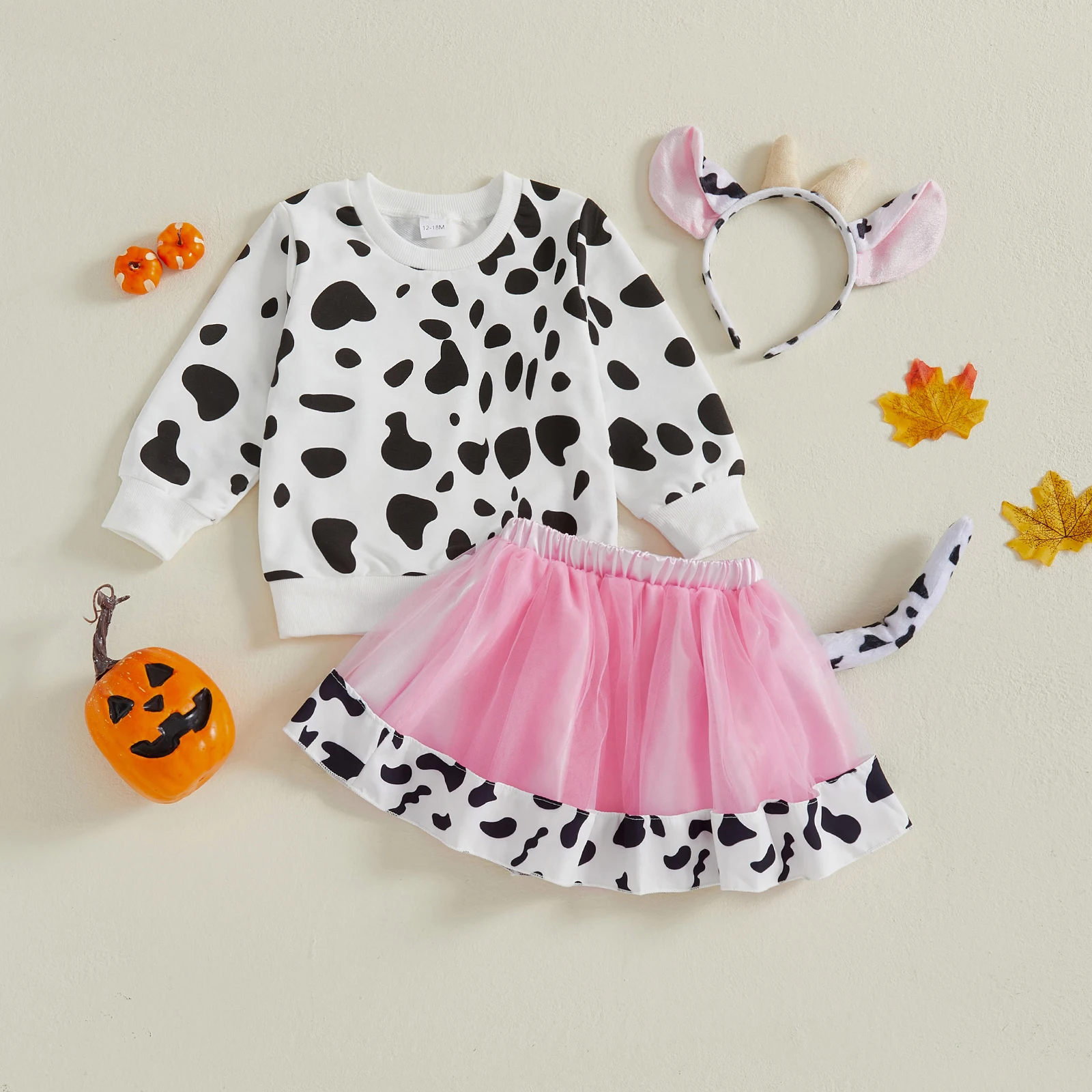 Conjuntos de Halloween para niña pequeña de 1 a 5 años, estampado de manchas de vaca, cuello redondo, camisetas de manga larga, minifalda de malla y diadema, conjunto de 3 uds.