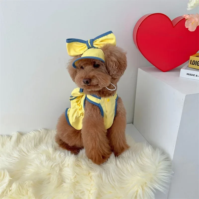 Vestido amarillo para mascotas, ropa de verano para perros, Teddy para gatos, ropa pequeña y fresca, camiseta sin mangas a la moda, sombrero para perros pequeños, falda para cachorros - imagen 5
