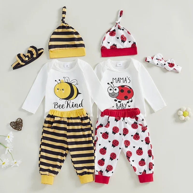 Ropa de otoño para bebé de 0 a 18 meses, peleles de manga larga con estampado de abeja/mariquita y pantalones elásticos, diadema con lazo, sombrero, conjunto de 4 piezas