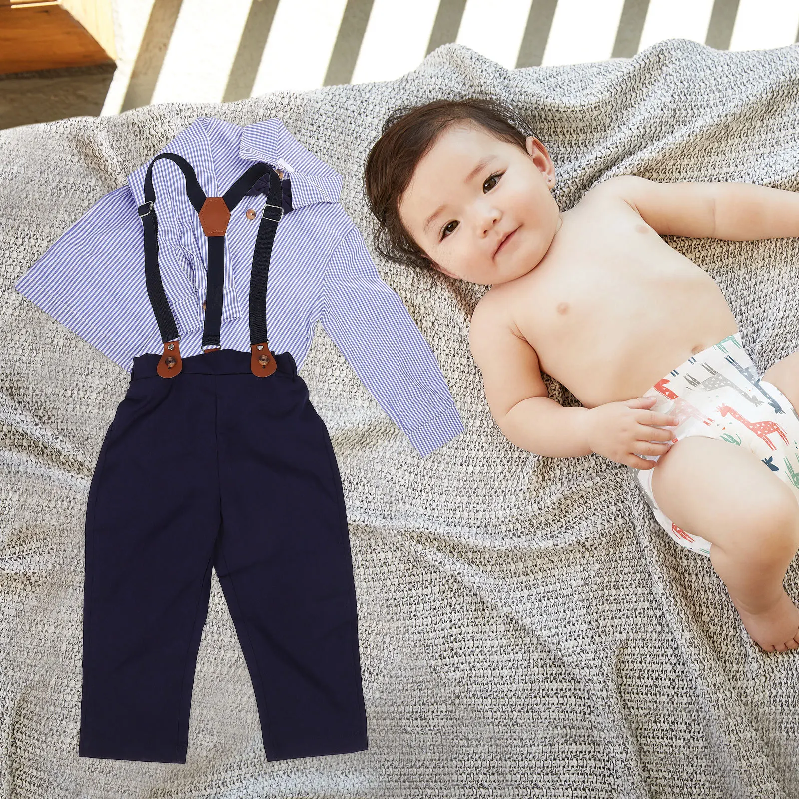 1 Juego de monos para niños, conjunto de camisa de manga larga estilo caballero para niños pequeños, ropa Formal para primavera y otoño, bonito traje con pajarita - imagen 4