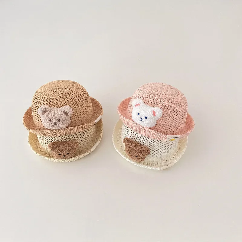 Sombrero para el sol transpirable para bebé, sombrero de paja de estilo coreano con diseño de oso bonito, sombrero ligero para el sol para recién nacido de 6 a 18 meses