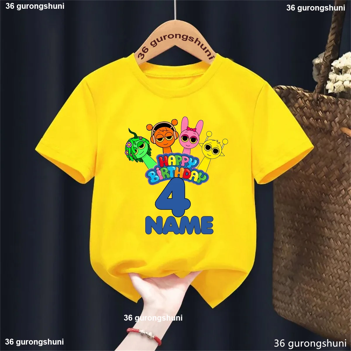 Nombre personalizado 3er-9 cumpleaños Sprunki personaje juego gráfico impreso camiseta amarilla niños el regalo de cumpleaños perfecto ropa para niños - imagen 2