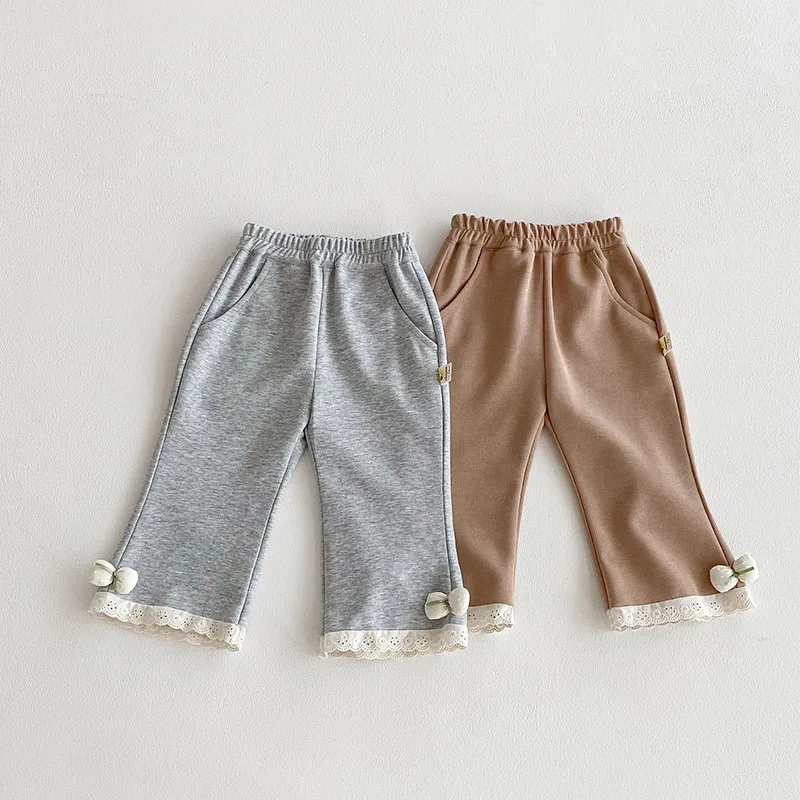 Pantalones informales de otoño para niños pequeños, 9M-4T, finos, bonitos, de Color sólido, de encaje, versión coreana, pantalones sueltos de moda infantil