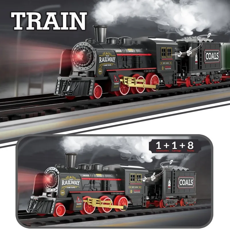 Tren de vapor Retro con luz y sonido, pulverizador de vapor divertido y resistente, los mejores regalos para niños, modelo Retro de simulación de pista, juguete, regalo de Navidad - imagen 2