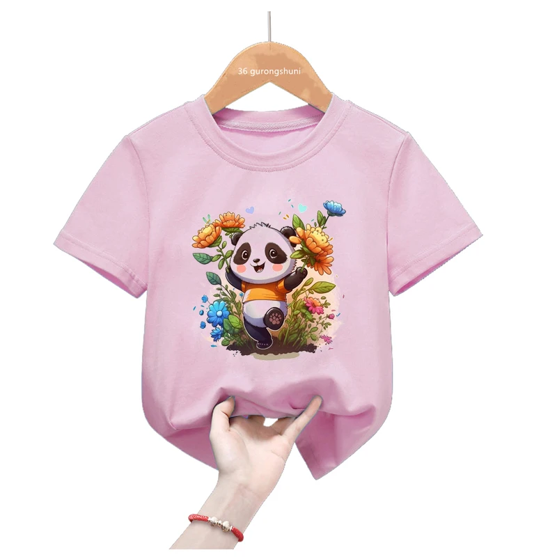 Camiseta rosa de Panda arcoíris para niñas, ropa Kawaii Harajuku para niños, Tops de moda de verano, camiseta divertida - imagen 2