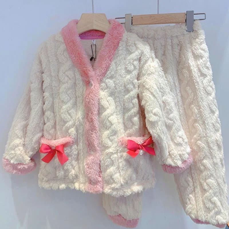 Ropa de hogar para niña con un solo pecho y cuello en V, pijamas de Franela suave, pantalones, traje de dos piezas, conjunto de pijamas para niños medianos y grandes - imagen 3