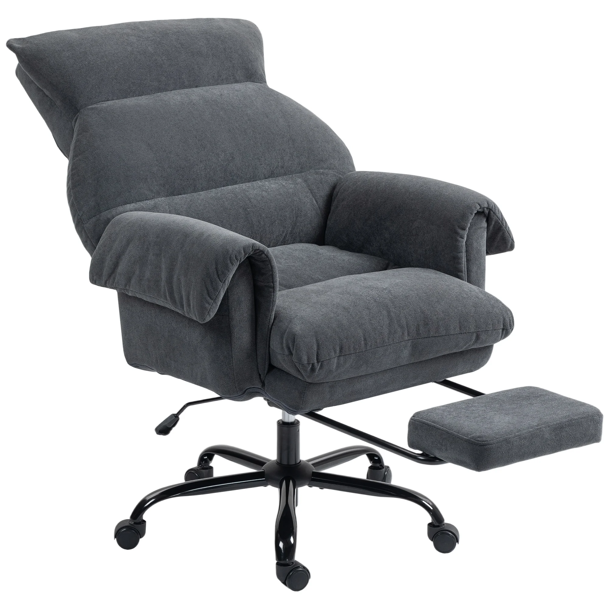 HOMCOM Silla de Escritorio con Reposapiés, Silla de Oficina Giratoria, con Respaldo Reclinable y Alto, Asiento y Reposabrazos Anchos, Acolchado Grueso, Tapizada en Terciopelo, Altura Ajustable, Gris