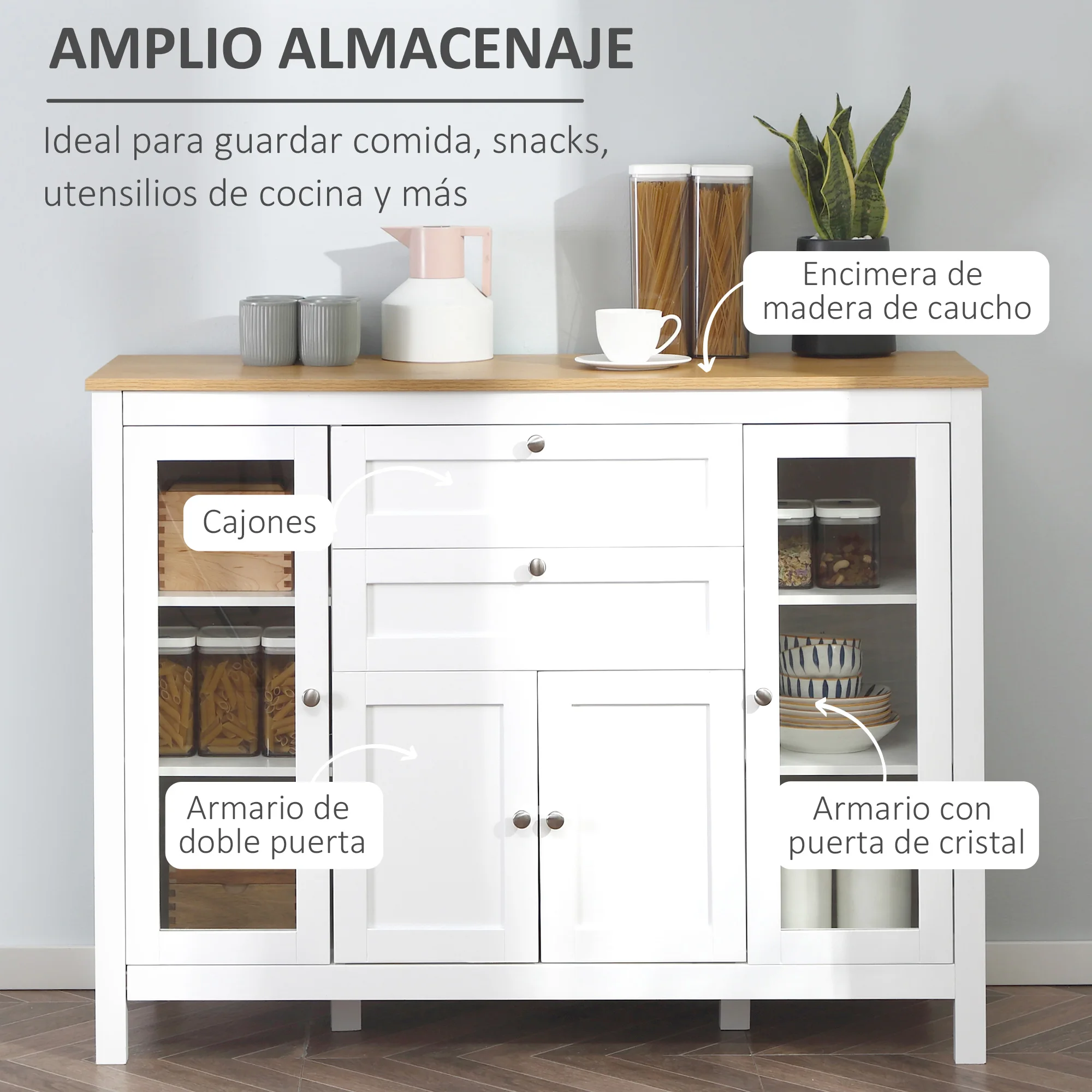 HOMCOM Aparador de Cocina con Armario 2 Cajones 2 Puertas de Vidrio y Estantes Ajustables Muebles Auxiliar de Almacenaje para Comedor Salón 120x40x90 cm Blanco - imagen 4