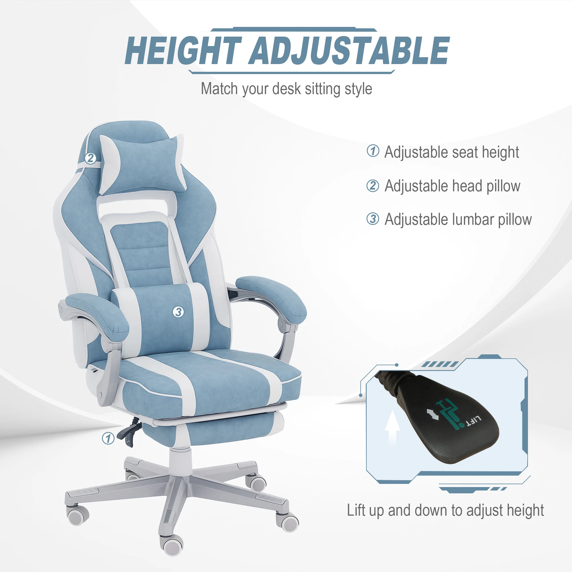 HOMCOM Silla Gaming Silla Gamer Reclinable con Altura Ajustable Reposapiés Retráctil Soporte Lumbar y Reposacabezas Desmontable Silla para Oficina Estudio - imagen 4