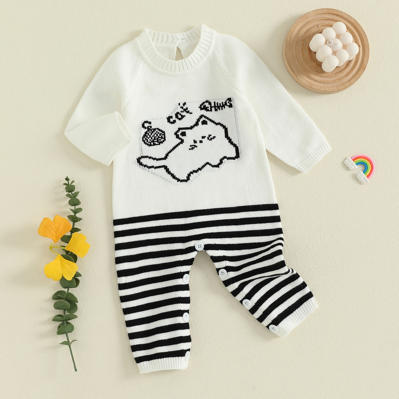 Suefunskry Mono para bebés recién nacidos, informal, de manga larga, con cuello redondo, estampado de gato, pelele de punto, traje sin pies - imagen 4