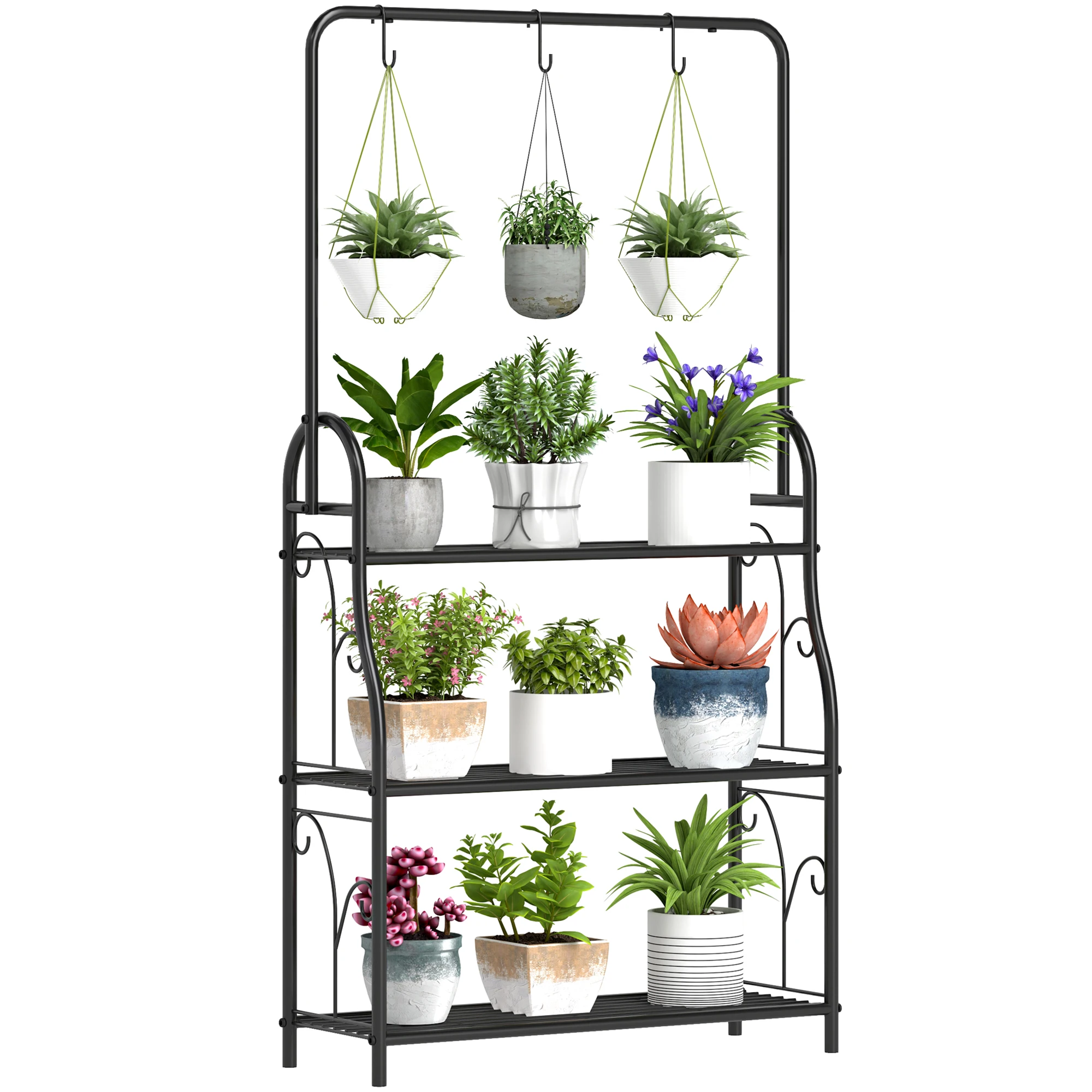 Outsunny Estantería para Plantas de 3 Niveles Soporte para Plantas con Ganchos de Metal Barra para Colgar Soporte para Macetas para Interior y Exterior Negro - imagen 2