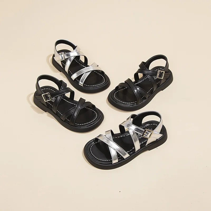 Sandalias romanas de verano para niñas, zapatos antideslizantes de suela suave, Punta abierta, versátiles, de princesa, Color sólido - imagen 2