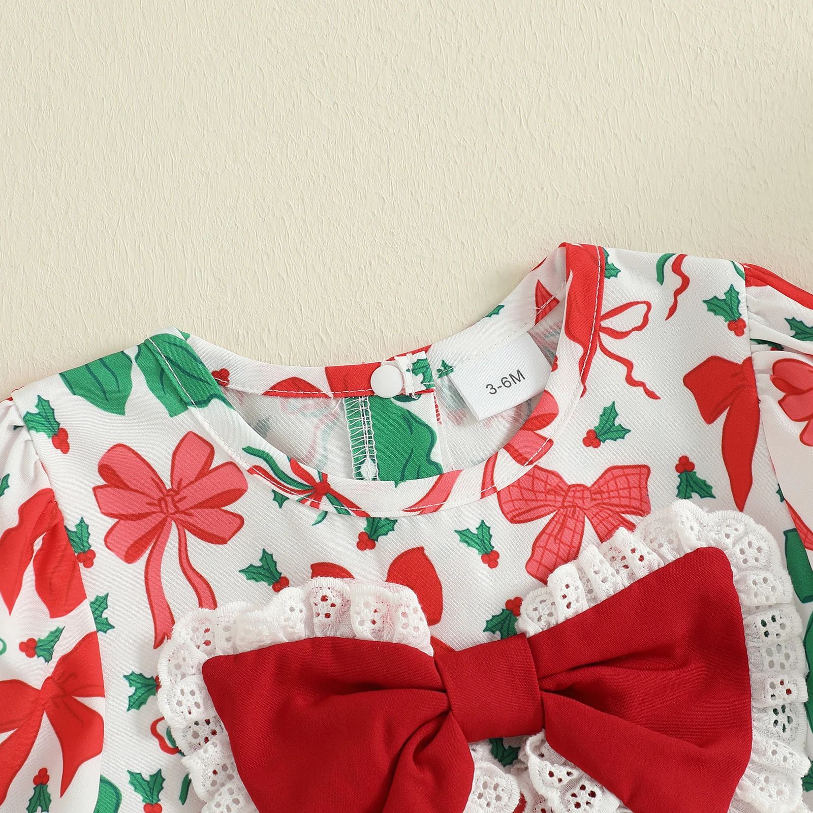 Pelele de Navidad para niñas de 0 a 18 meses, mono con estampado de lazo y cuello redondo de manga larga, ropa informal para uso diario - imagen 3